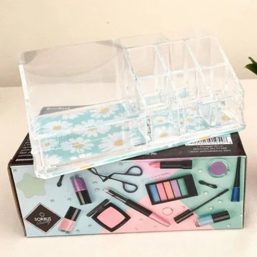 Sorbus Mini Makeup Organizer with 9 Slots Clear w/ Daisy Print Bottom Desk Dorm